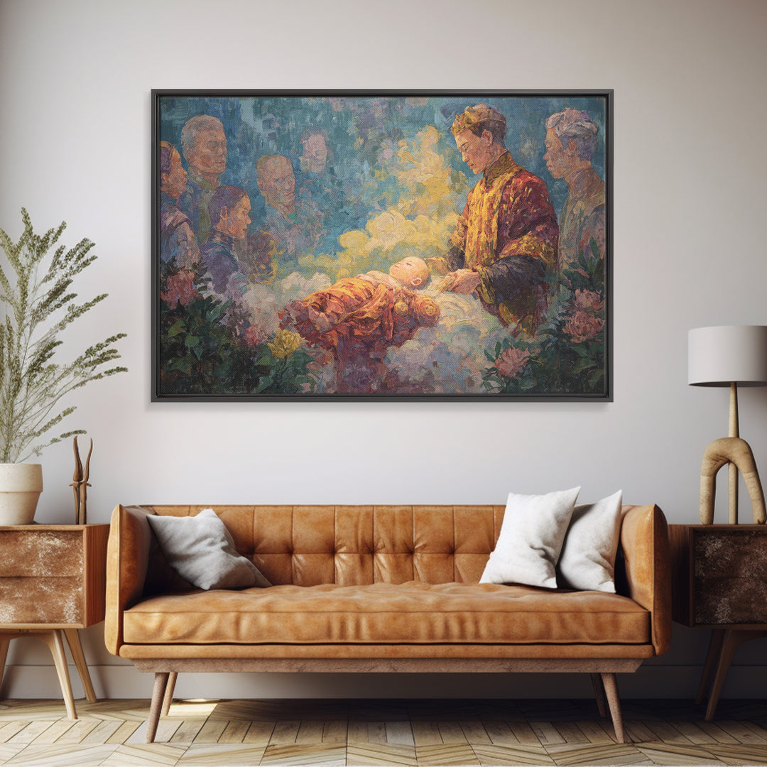 Glowing Newborn Blessing Canvas Print, Spiritual Family Ceremony Painting, Dreamy Nursery Wall Decor, Meaningful Gift For Home