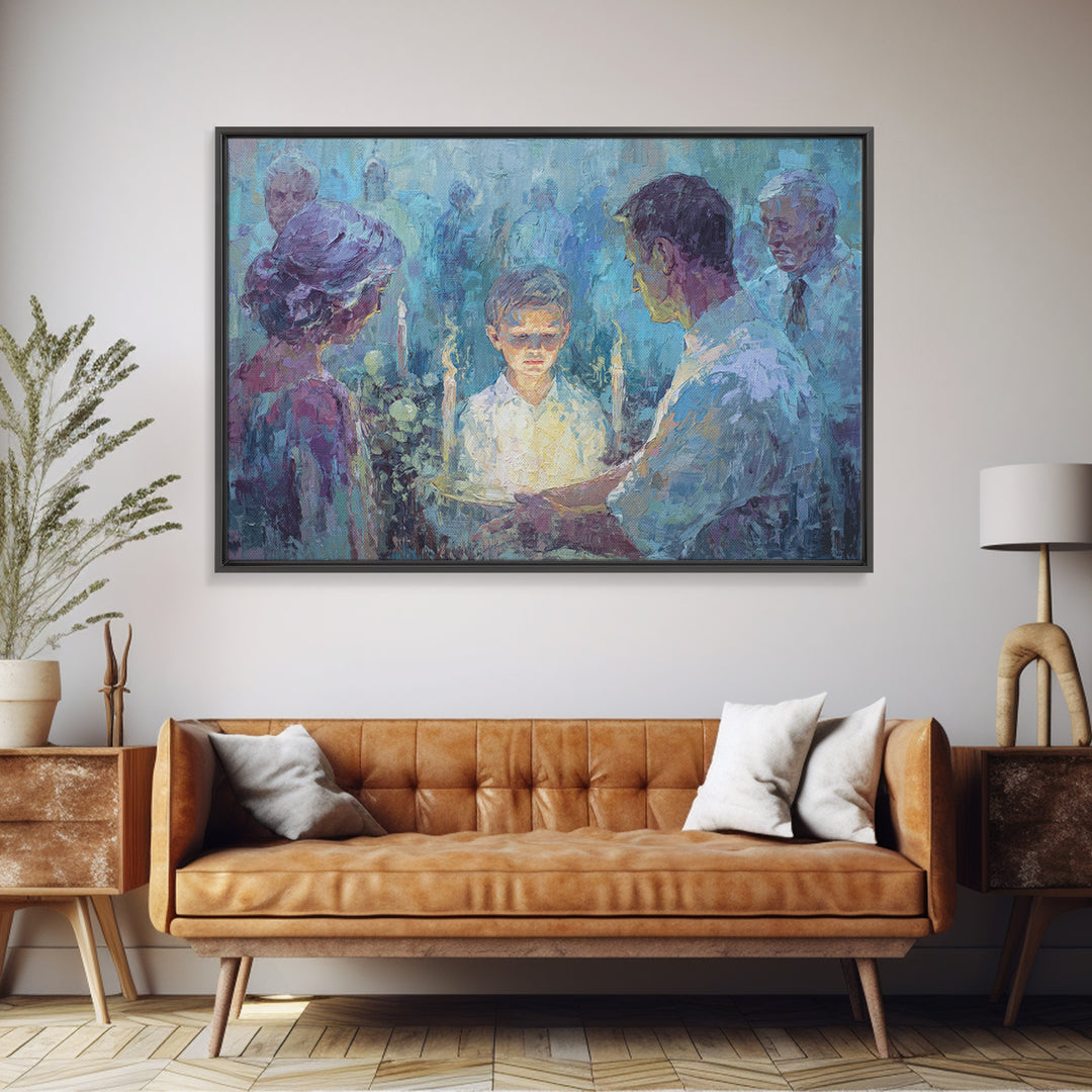Candlelit Boy Ritual Wall Art, Blue Spiritual Family Ceremony Painting, Dreamy Portrait Canvas Decor, Meaningful Home Gift