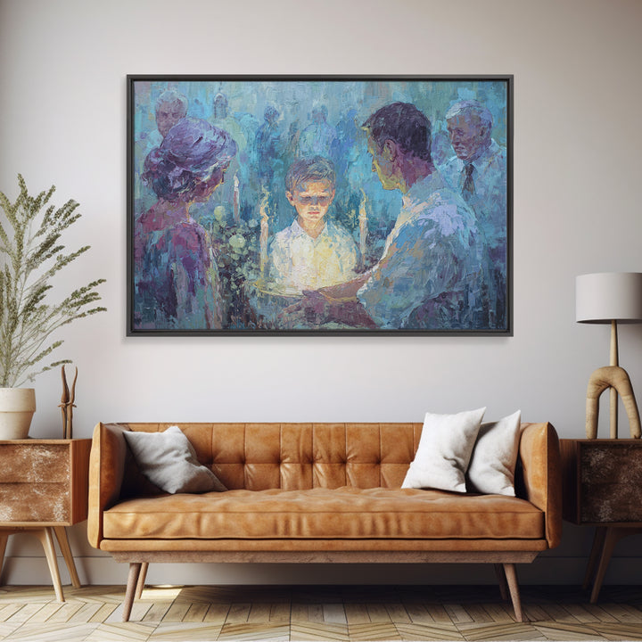 Candlelit Boy Ritual Wall Art, Blue Spiritual Family Ceremony Painting, Dreamy Portrait Canvas Decor, Meaningful Home Gift