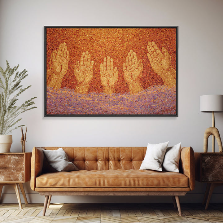 Golden Raised Hands Wall Art, Orange Mosaic Spiritual Painting, Empowerment Prayer Decor, Abstract Contemporary Home Gift