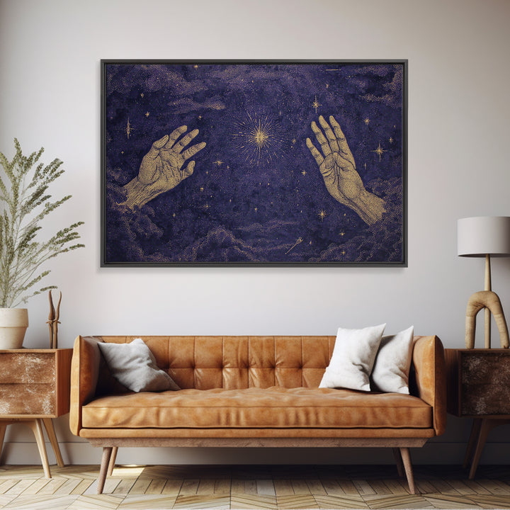Celestial Reaching Hands Wall Art, Purple Starry Night Spiritual Decor, Mystical Astronomy Print, Dreamy Home Gift For Her