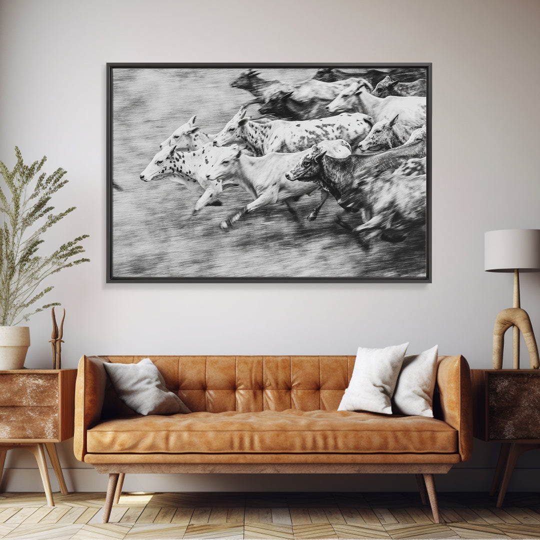 Black And White Running Cattle Wall Art, African Safari Animal Print, Rustic Farmhouse Decor, Western Herd Canvas Artwork
