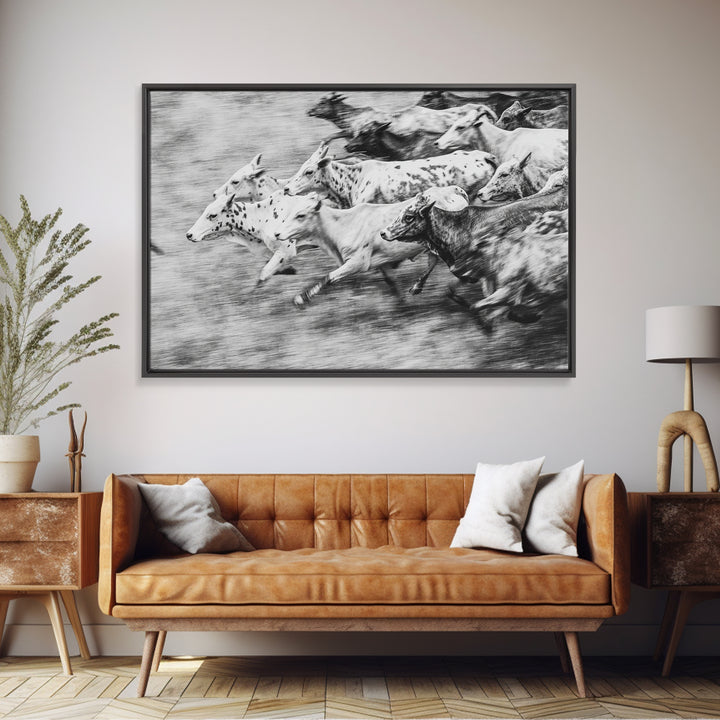 Black And White Running Cattle Wall Art, African Safari Animal Print, Rustic Farmhouse Decor, Western Herd Canvas Artwork