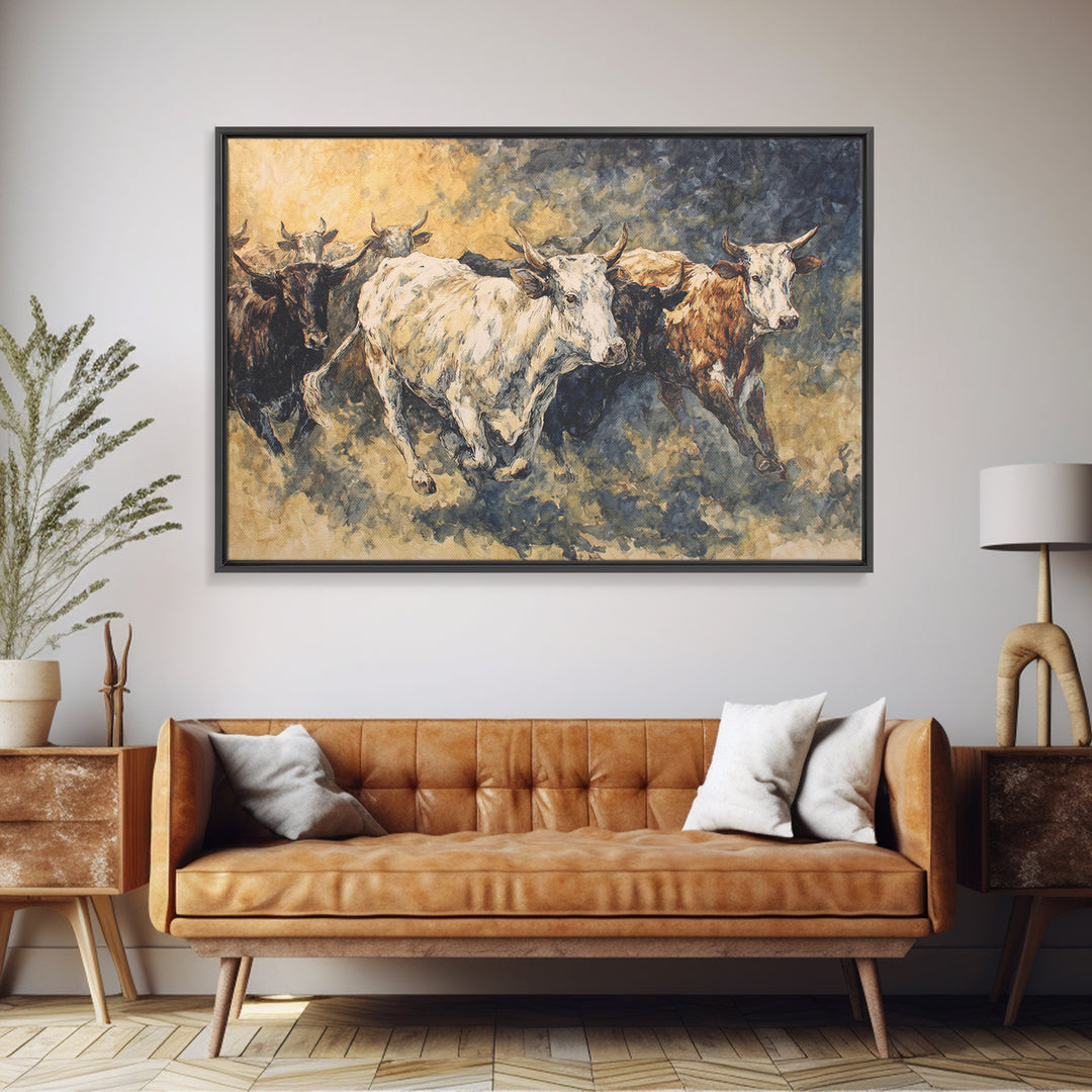 Galloping Longhorn Cattle Canvas Print, African Safari Wall Decor, Rustic Animal Painting, Earth Tone Statement Artwork Gift