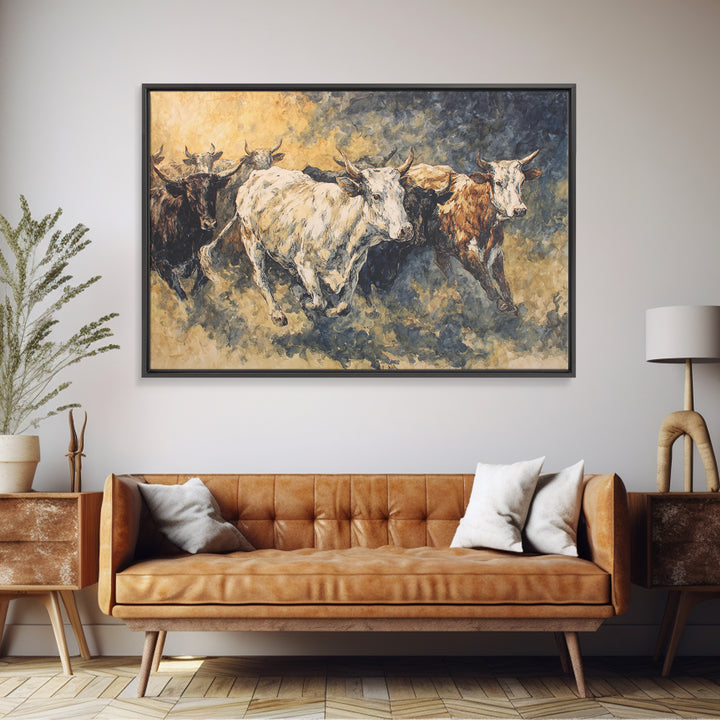 Galloping Longhorn Cattle Canvas Print, African Safari Wall Decor, Rustic Animal Painting, Earth Tone Statement Artwork Gift