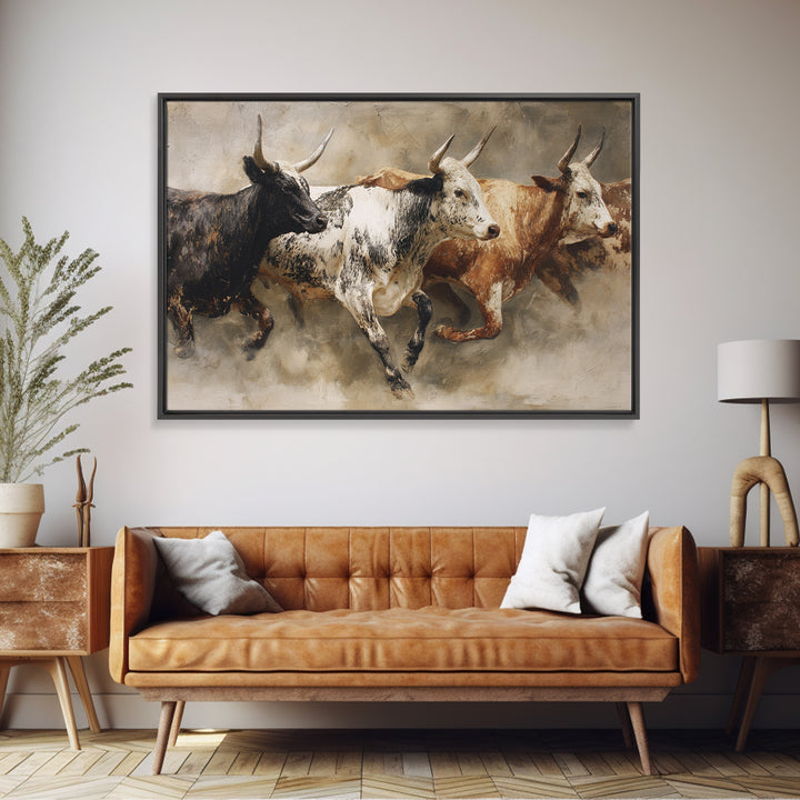 Three Longhorn Bulls In Motion Framed Canvas Print, African Safari Decor, Rustic Western Animal Wall Art For Living Room