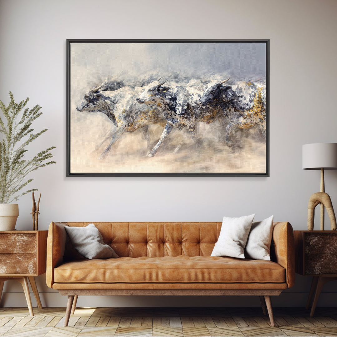 Dusty Spotted Bulls Racing Across Plain Canvas Print, African Safari Animal Art, Neutral Earth Tone Wall Decor Gift For Home