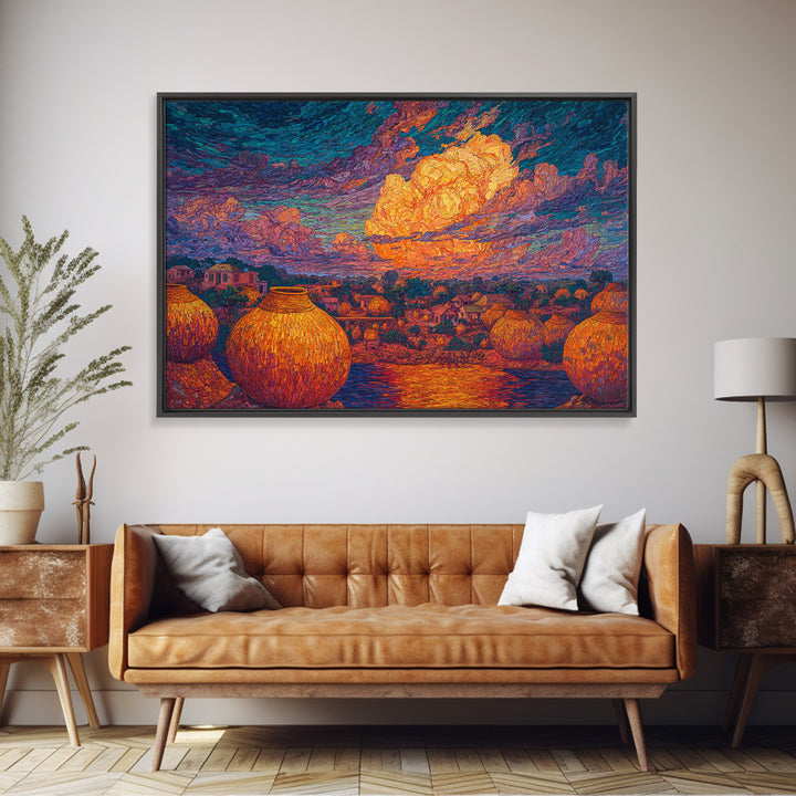 African Village Sunset With Clay Pots Wall Art, Colorful Landscape Print, Afrocentric Home Decor, Motherland Culture Art