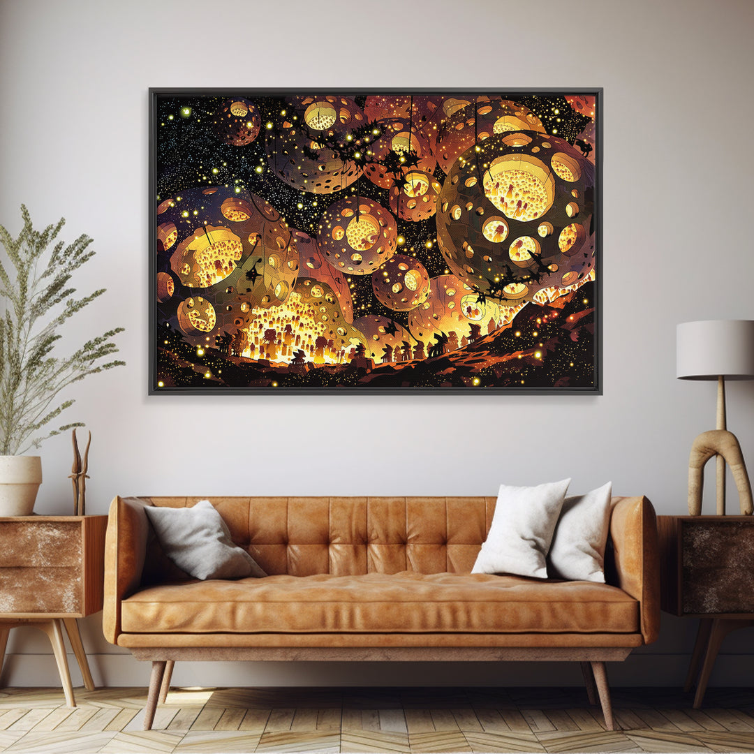 Glowing African Lantern Festival Canvas Print, Magical Night Wall Decor, Boho Afrocentric Art, Warm Golden Home Decor Gift