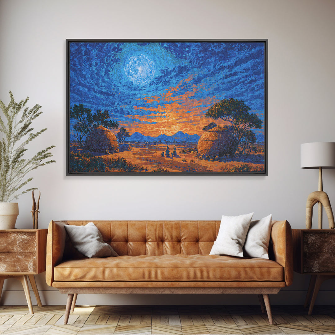 Moonlit African Village Landscape Wall Art, Blue Sunset Safari Decor, Motherland Hut Print, Serene Nature Scene Art Gift For Home