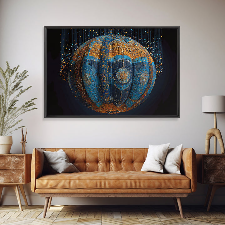 Blue Gold Beaded Orb Abstract Canvas Print, African Inspired Luxury Wall Decor, Modern Tribal Art, Statement Home Decor Gift