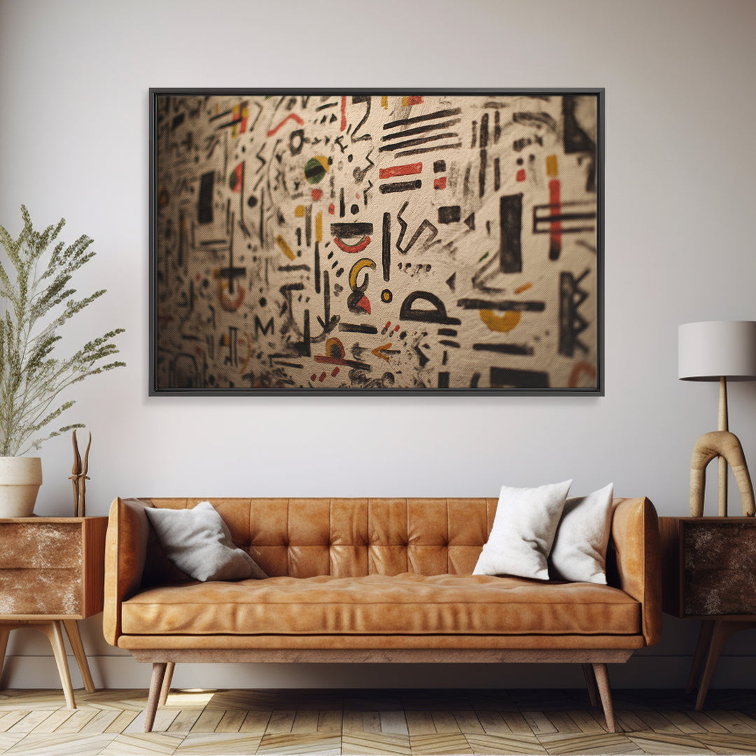 Ancient Painted Glyphs On Textured Cloth Canvas Print, African Patterns Wall Decor, Tribal Abstract Art, Cultural Home Decor