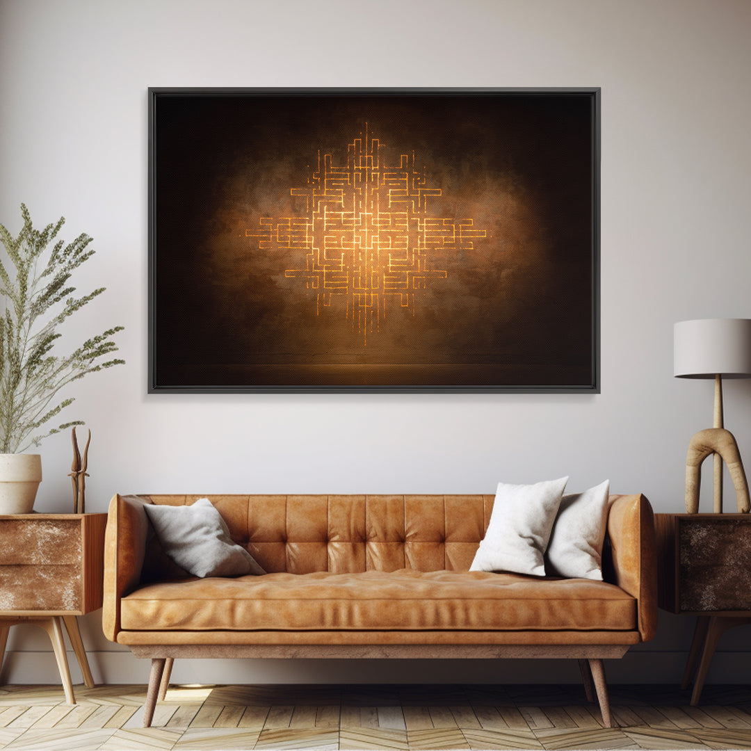 Glowing Gold Geometric Totem Canvas Print, African Abstract Wall Decor, Spiritual Symbol Art, Warm Brown Luxury Home Decor