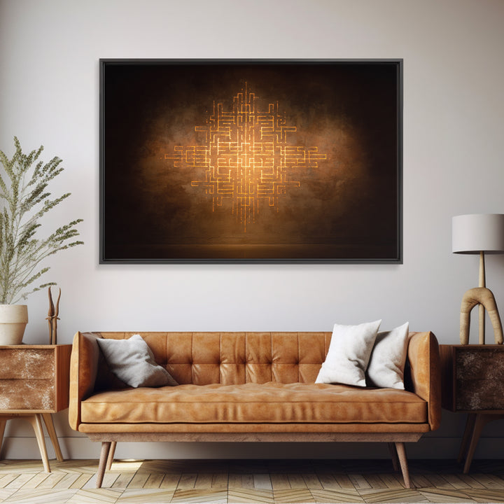Glowing Gold Geometric Totem Canvas Print, African Abstract Wall Decor, Spiritual Symbol Art, Warm Brown Luxury Home Decor