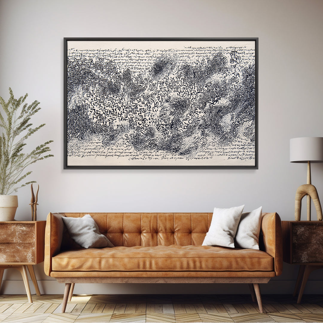Black Ink Labyrinth Map Abstract Wall Art, African Inspired Line Drawing, Minimalist Cultural Art Print, Modern Office Decor