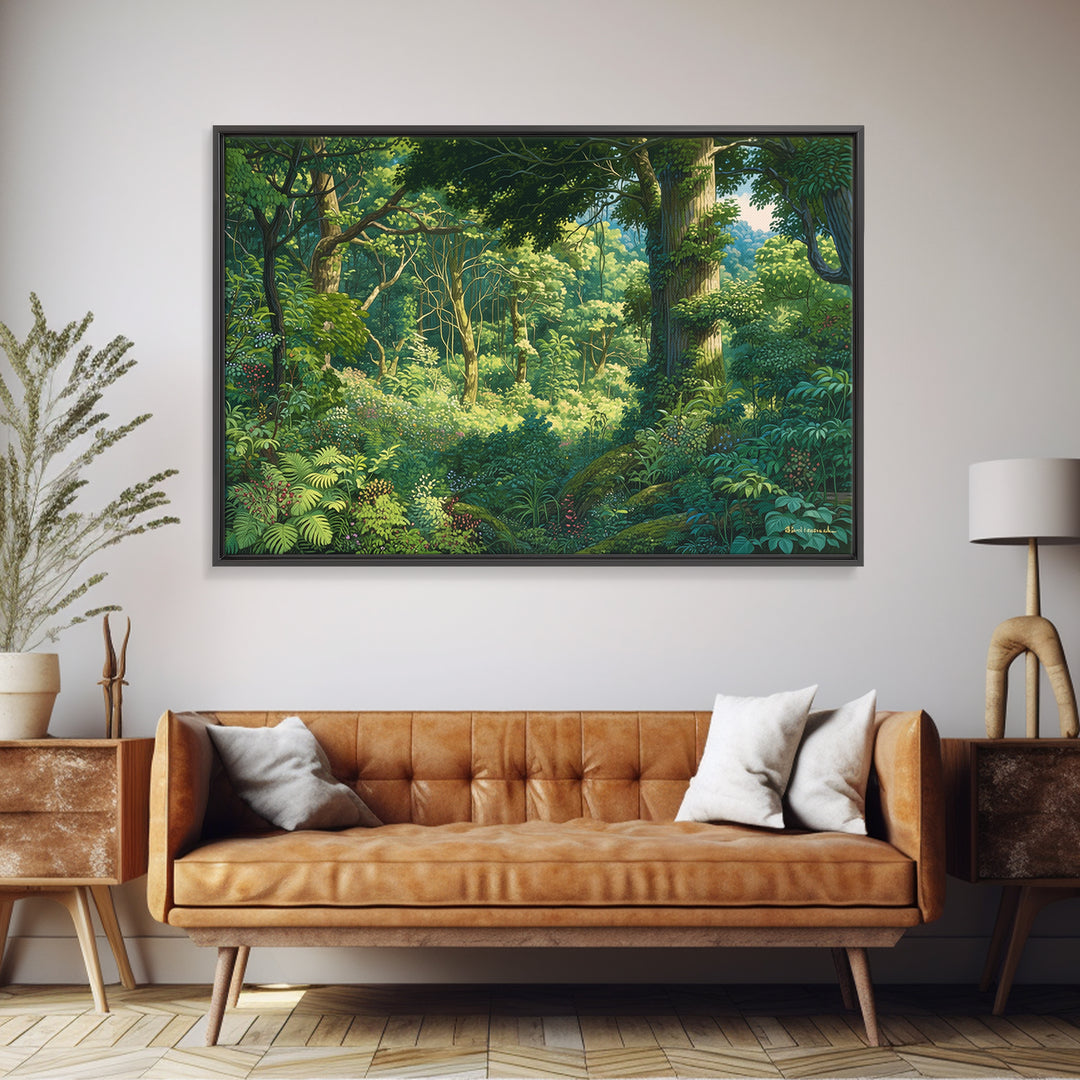 Sunlit Lush African Jungle Wall Art, Green Forest Landscape Canvas, Nature Scene Decor, Boho Living Room Statement Gift, Home Decor