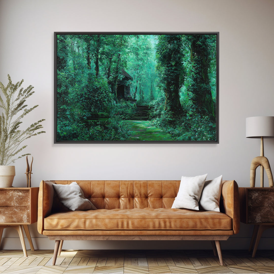 Emerald Forest Ruins And Stone Steps Canvas Print, African Landscape Wall Decor, Mystical Jungle Art, Dreamy Green Home Decor