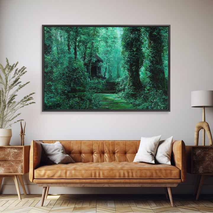 Emerald Forest Ruins And Stone Steps Canvas Print, African Landscape Wall Decor, Mystical Jungle Art, Dreamy Green Home Decor