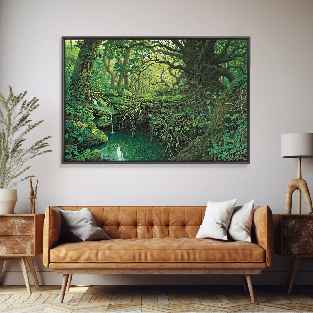 Ancient Emerald Forest Creek And Twisted Roots Wall Art, Green Nature Landscape Canvas, Mystical Jungle Home Decor For Living Room