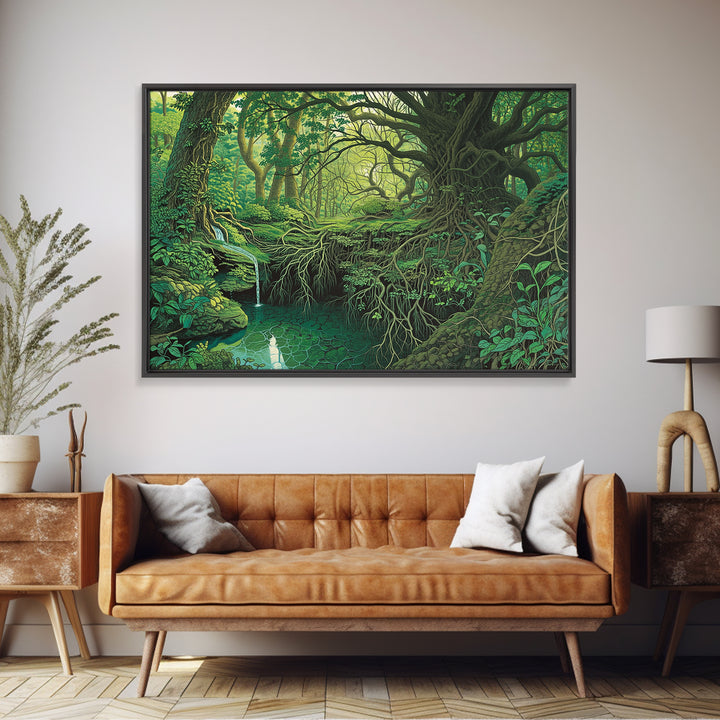 Ancient Emerald Forest Creek And Twisted Roots Wall Art, Green Nature Landscape Canvas, Mystical Jungle Home Decor For Living Room