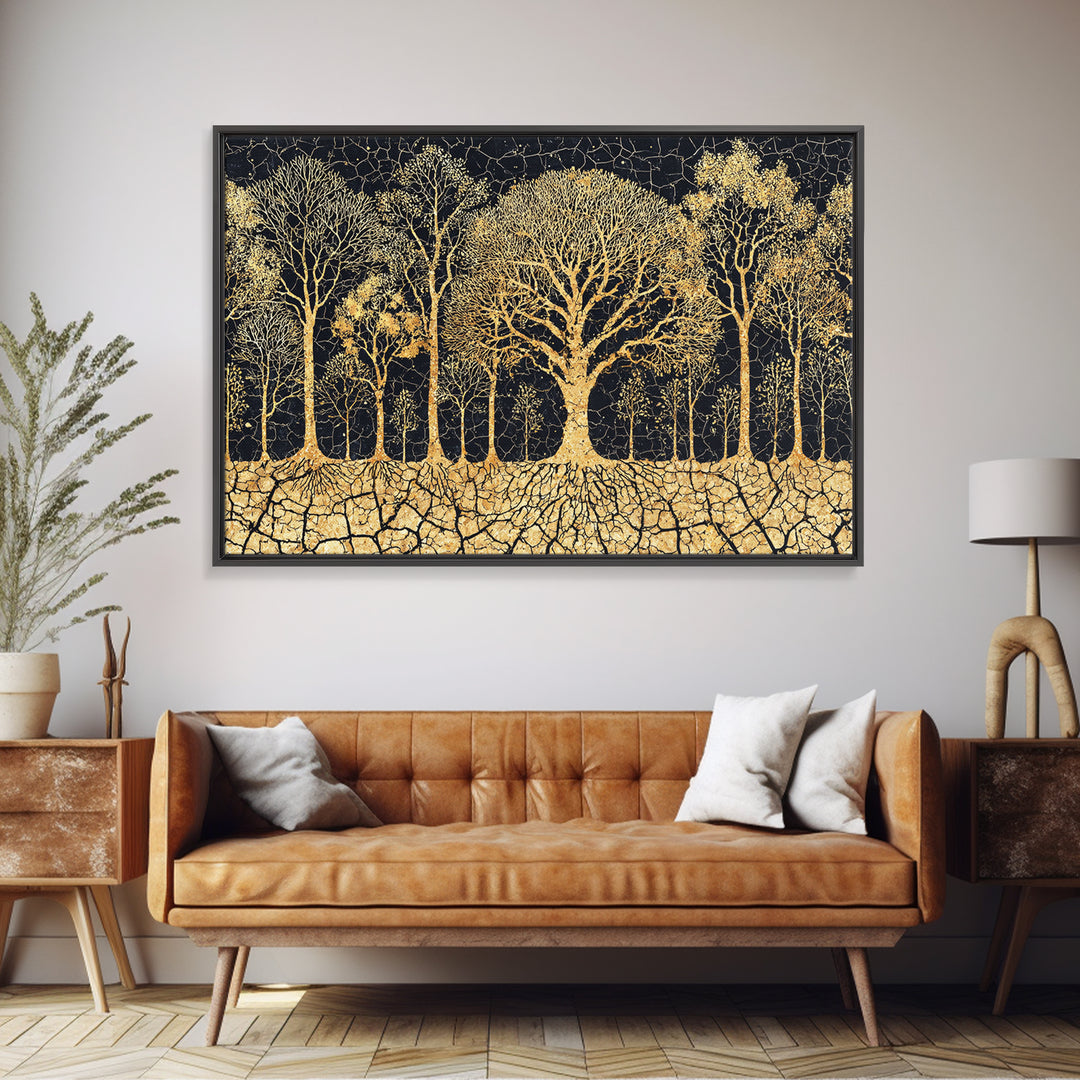 Golden Baobab Tree Grove On Black Cracked Earth Canvas Print, African Tree Inspired Abstract Wall Decor, Luxury Home Art