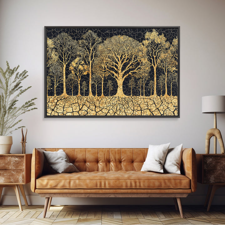 Golden Baobab Tree Grove On Black Cracked Earth Canvas Print, African Tree Inspired Abstract Wall Decor, Luxury Home Art