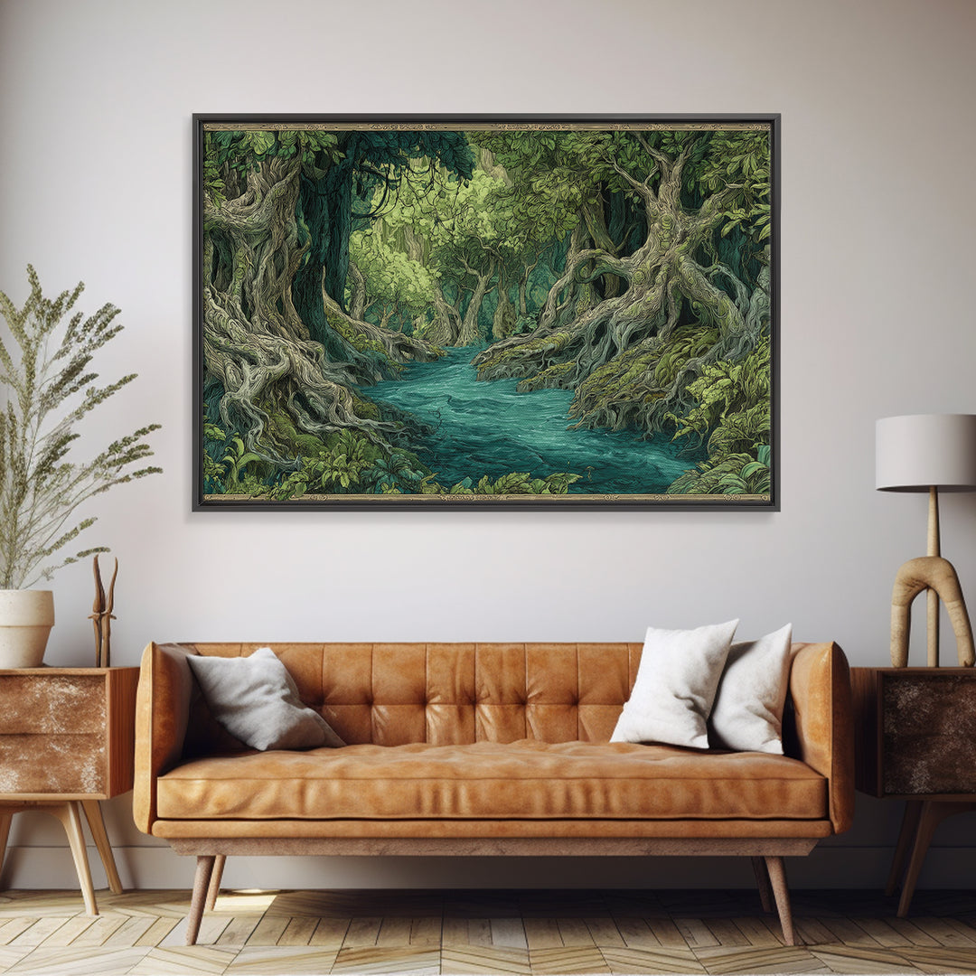 Enchanted River Forest With Ancient Roots Framed Canvas Print, Green Jungle Landscape Wall Decor, Mystical Nature Artwork