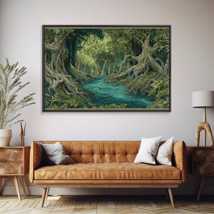 Enchanted River Forest With Ancient Roots Framed Canvas Print, Green Jungle Landscape Wall Decor, Mystical Nature Artwork