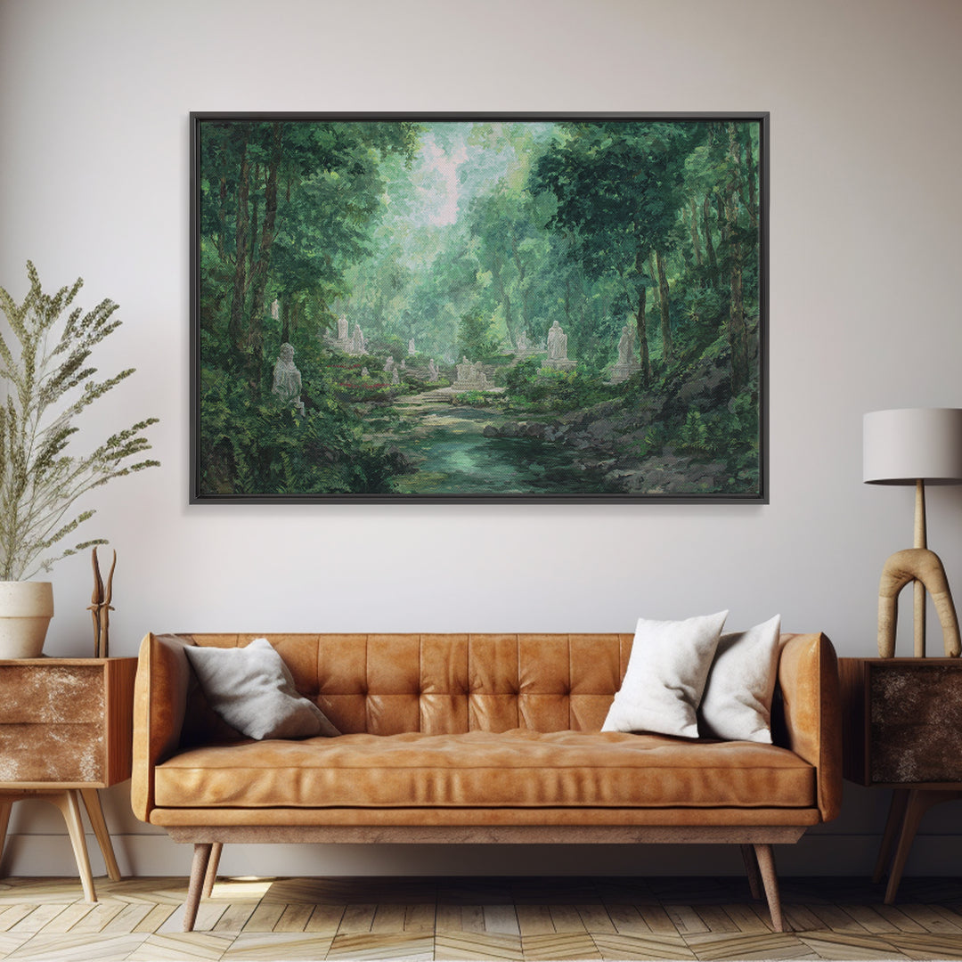 Misty Forest Ruins With Statues And Stream Wall Art, Green Nature Landscape Painting, Dreamy Garden Decor For Living Room