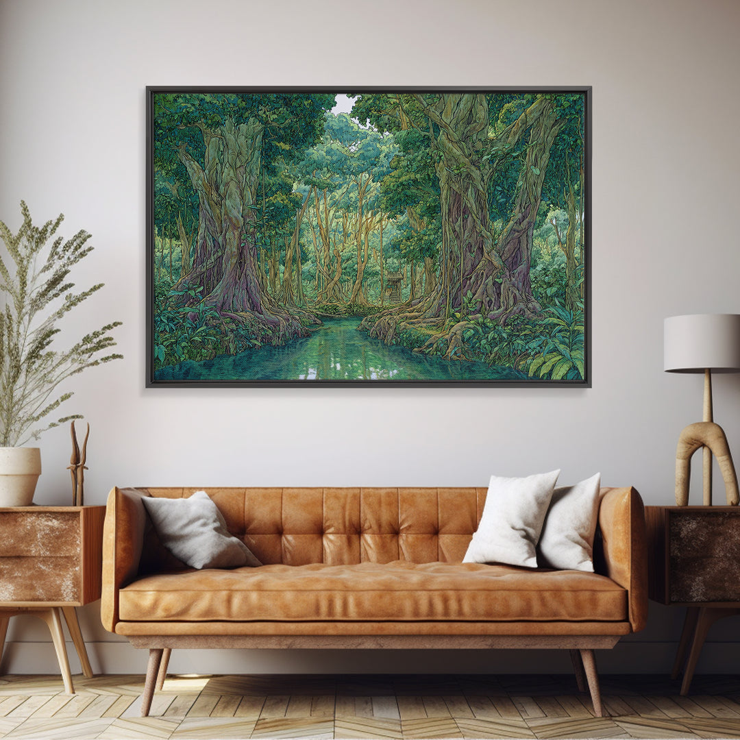 Lush Jungle River Between Towering Trees Canvas Print, Green Nature Landscape Wall Decor, Boho Tropical Living Room Art Print