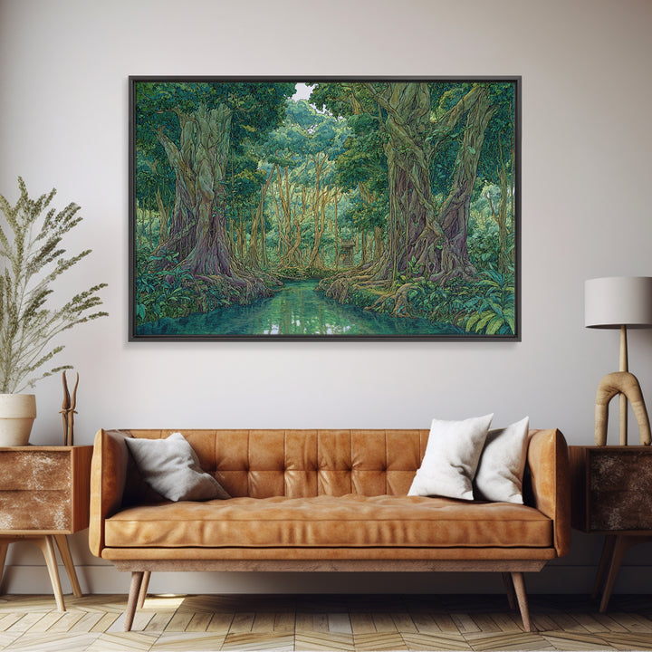 Lush Jungle River Between Towering Trees Canvas Print, Green Nature Landscape Wall Decor, Boho Tropical Living Room Art Print