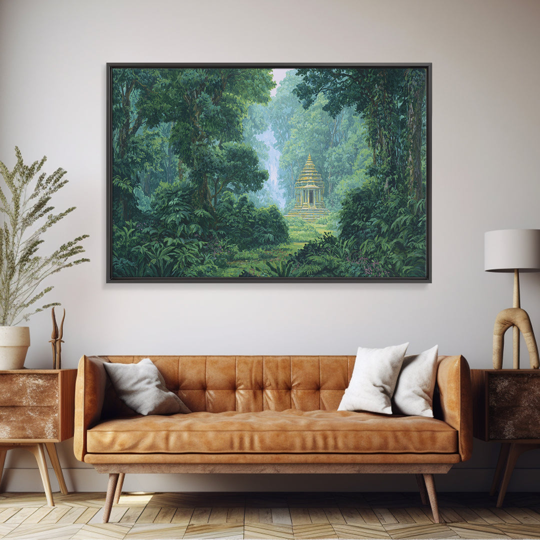 Hidden Golden Temple In Misty Jungle Framed Canvas Print, Green Nature Landscape Wall Decor, Spiritual Tropical Home Art