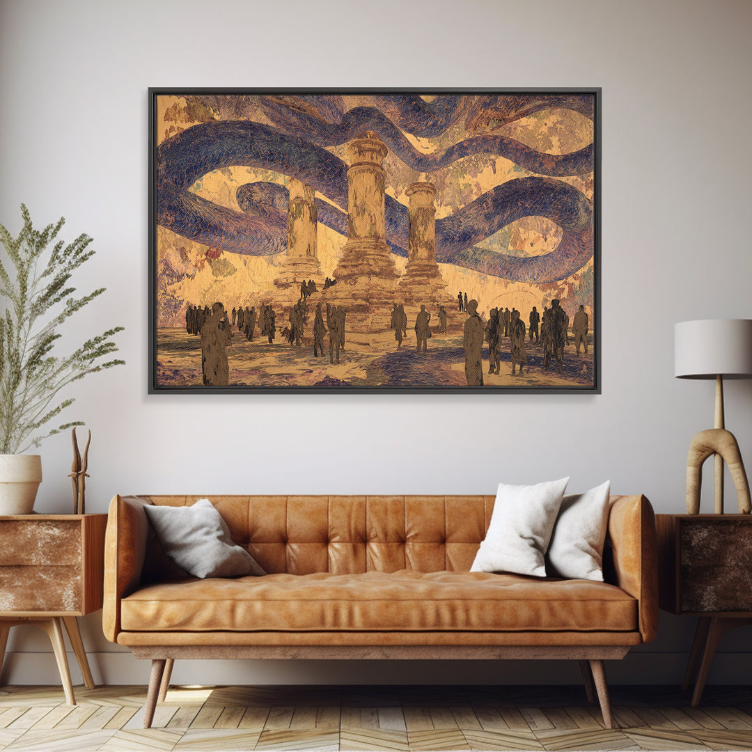 Ancient Columns Beneath Giant Serpent Canopy Wall Art, Surreal African Inspired Fantasy Landscape, Statement Home Decor Art