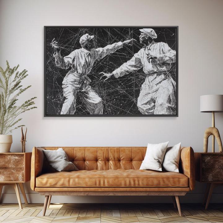 Black And White African Dancers Under Star Lines Wall Art, Afrocentric Art Print, Black Culture Decor, Modern Tribal Artwork