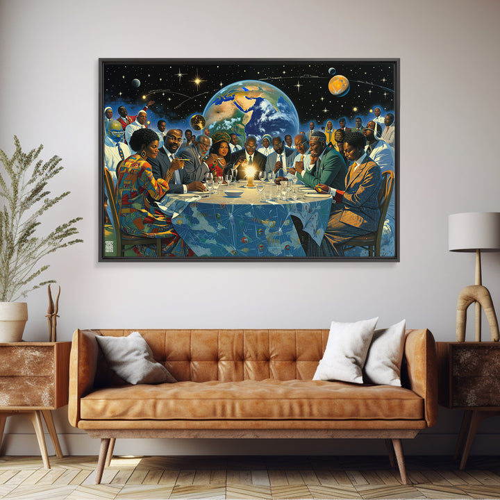 Afrofuturist African Leaders Around Earth Framed Canvas Print, Black Excellence Wall Art, Diaspora Culture Home Decor Gift