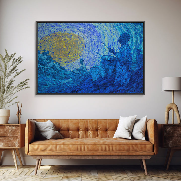 Blue African Drummers Beneath Swirling Sun Canvas Print, Tribal Music Wall Art, Afrocentric Decor, Cultural Home Gift For Him