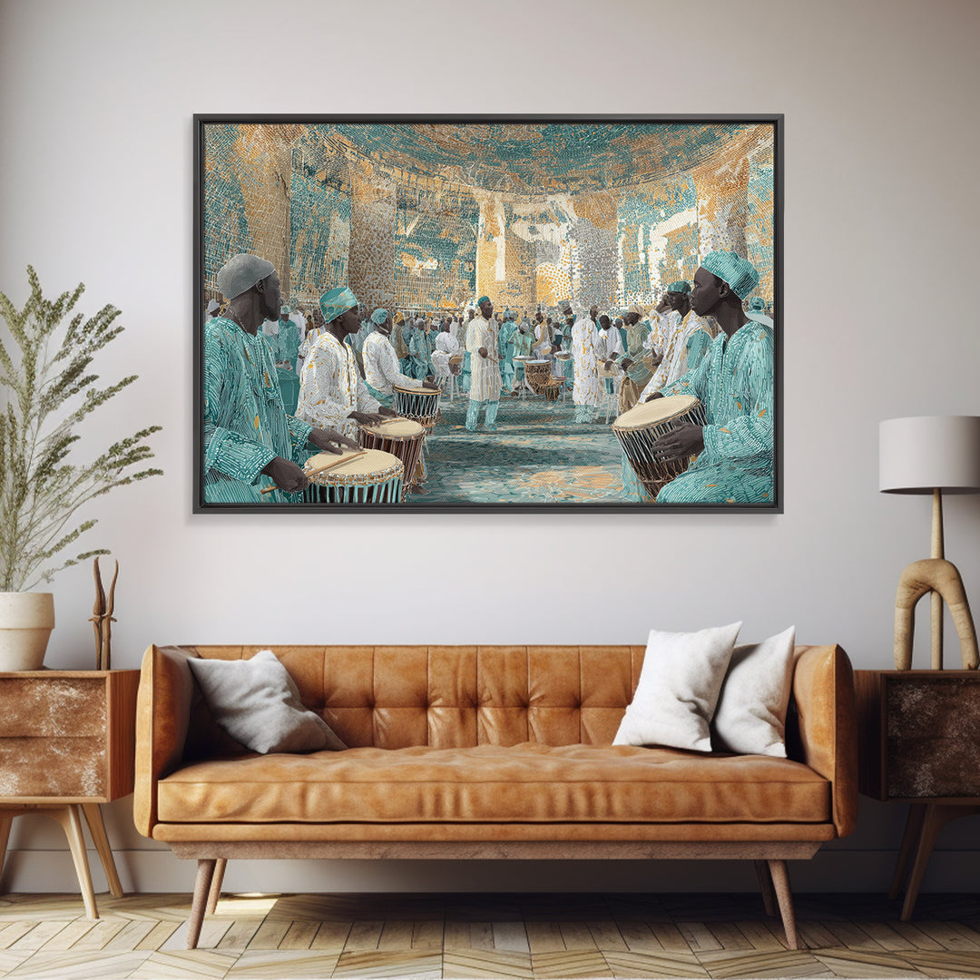 Turquoise African Drum Ceremony In Ornate Hall Framed Canvas Print, Afrocentric Wall Art, Cultural Decor, Luxury Home Gift