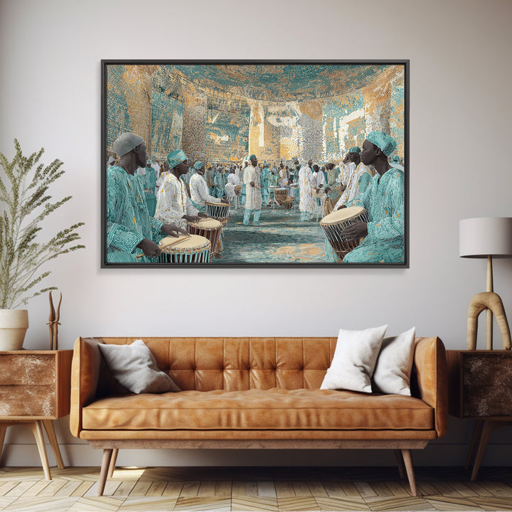Turquoise African Drum Ceremony In Ornate Hall Framed Canvas Print, Afrocentric Wall Art, Cultural Decor, Luxury Home Gift