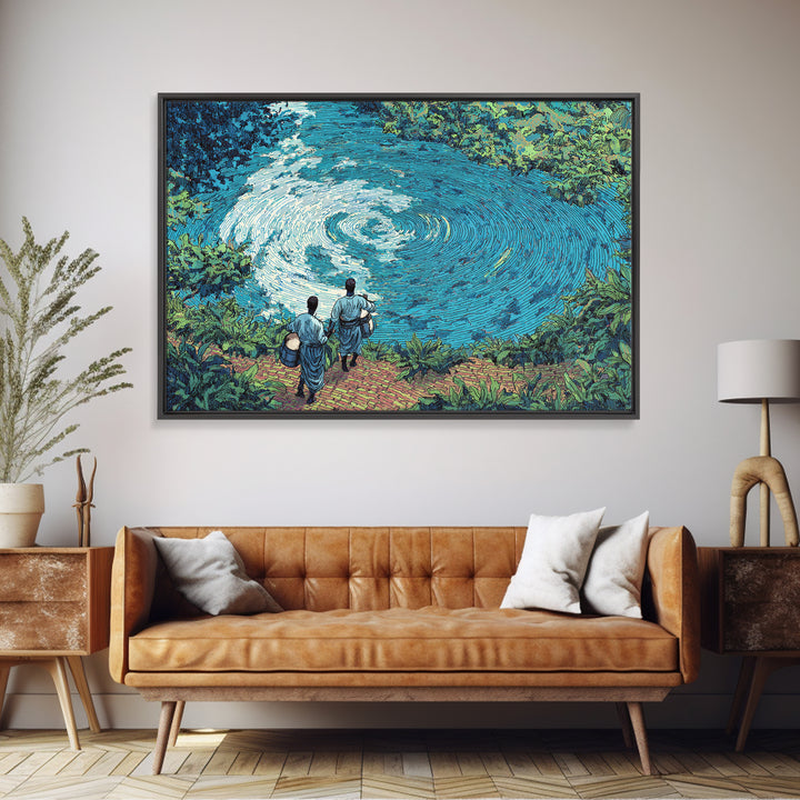 Blue River Spiral With African Musicians Wall Art, Nature Scene Art, Afrocentric Decor, Cultural Landscape Print, Home Decor Gift