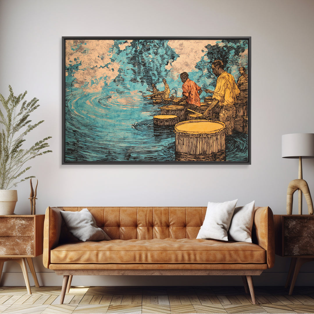 Waterside African Drummers With Blue Reflections Canvas Print, Afrocentric Music Art, Cultural Wall Decor, Unique Home Decor Gift