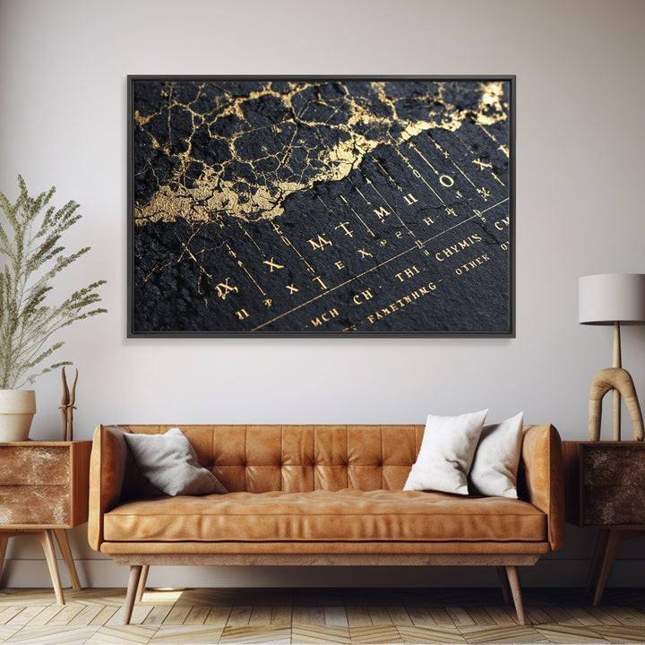Black And Gold Ancient Map Detail Framed Canvas Print, African Inspired Wall Decor, Luxury Art, Mystic Office Decor Gift