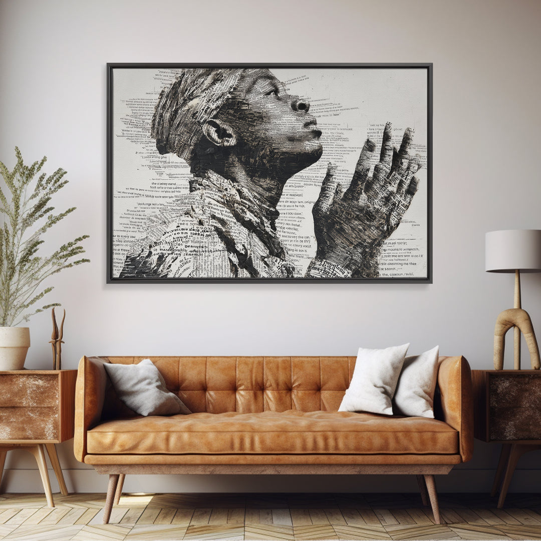 Praying Black Woman In Typography Portrait Wall Art, Spiritual Wall Decor, African American Art, Empowerment Gift For Her