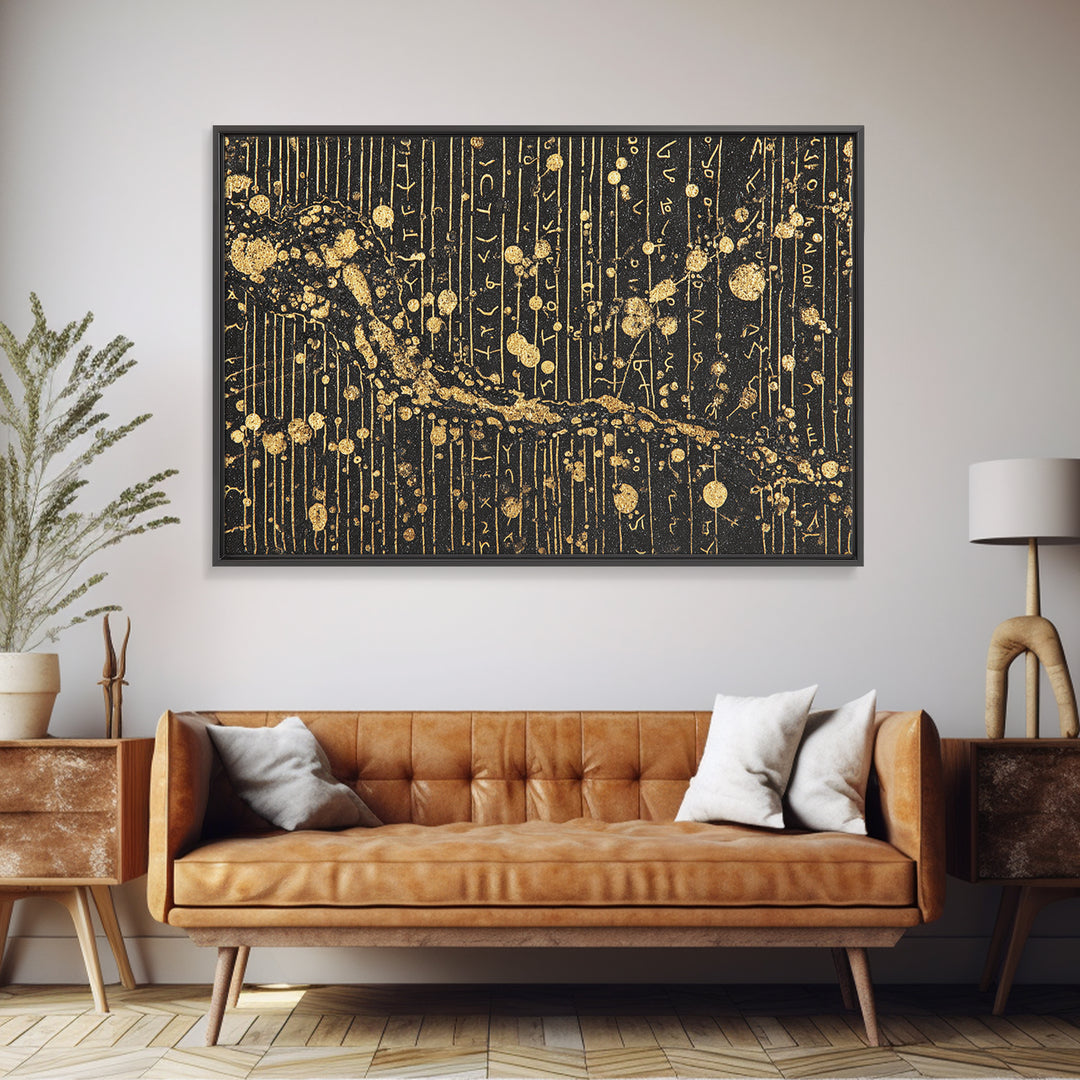 Black Gold Ancient Script Abstract Wall Art, African Inspired Luxury Canvas Decor, Textured Tribal Pattern Home Accent Print