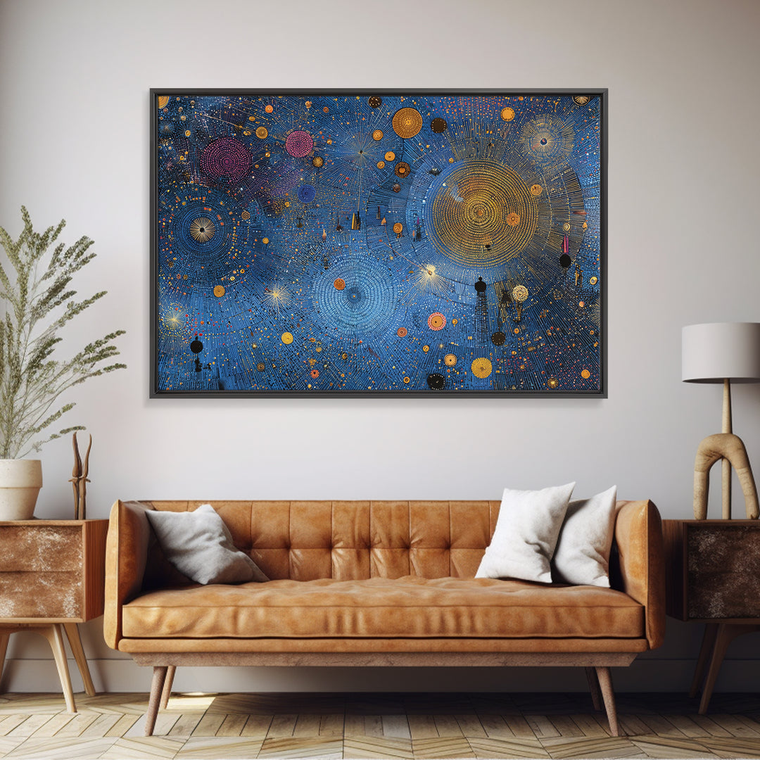 Blue Celestial Dot Pattern Canvas Print, Abstract African Art, Cosmic Tribal Wall Decor, Modern Cultural Home Decor Accent