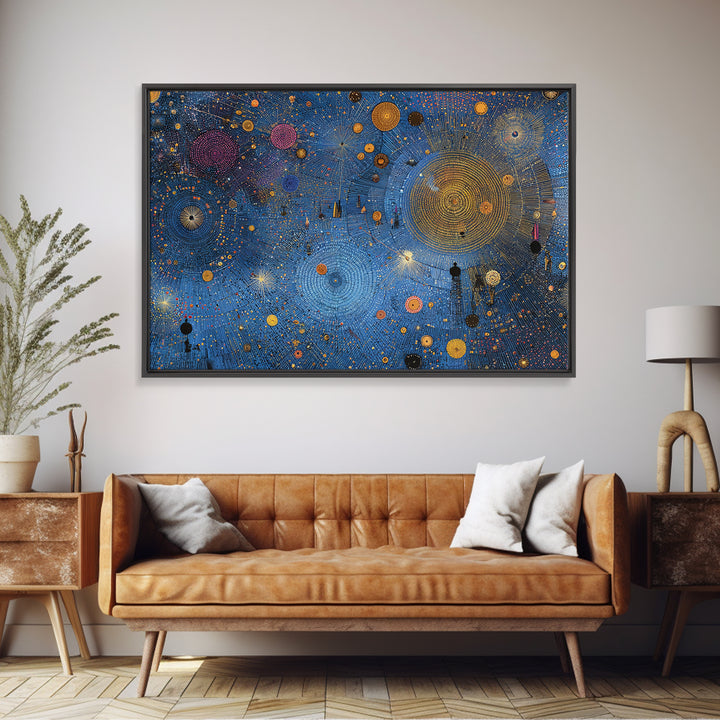 Blue Celestial Dot Pattern Canvas Print, Abstract African Art, Cosmic Tribal Wall Decor, Modern Cultural Home Decor Accent