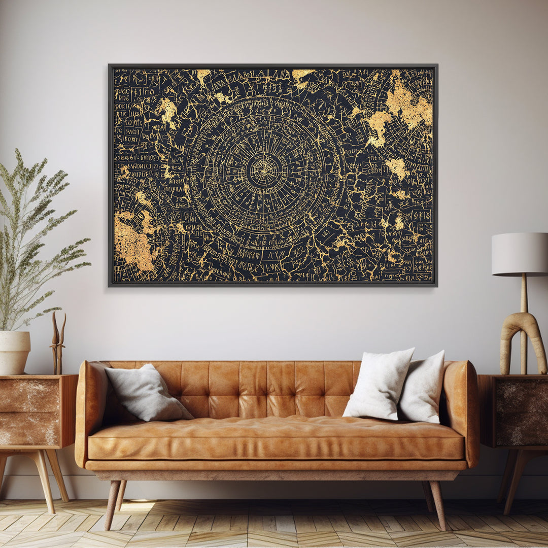 Gold Circular Ancient Map Wall Art, African Inspired Abstract Pattern, Tribal Astronomy Decor, Luxury Black Canvas Print