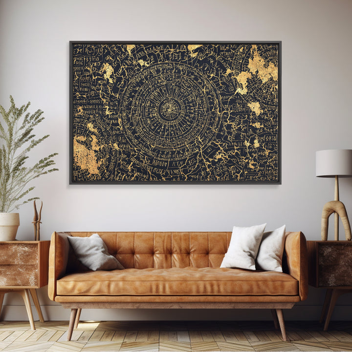 Gold Circular Ancient Map Wall Art, African Inspired Abstract Pattern, Tribal Astronomy Decor, Luxury Black Canvas Print