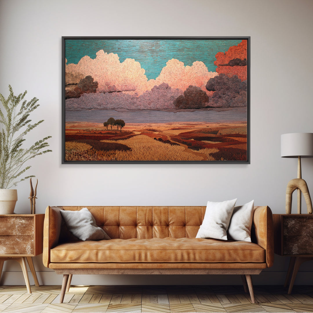 Dreamy African Savanna Landscape Canvas Print, Pink Cloud Sunset Wall Decor, Earth Tone Nature Scene Art For Living Room Gift