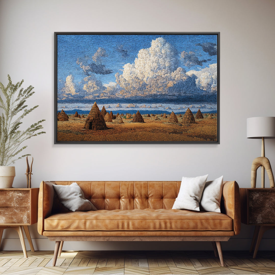 Coastal African Village Huts Wall Art, Blue Sky Landscape Painting, Cultural Safari Decor, Rustic Home Canvas Print Gift