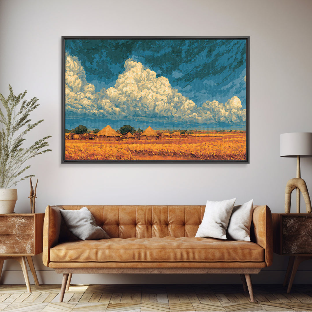 Golden African Village Landscape Framed Canvas Print, Dramatic Cloud Wall Decor, Safari Art For Warm Boho Home Decor Gift